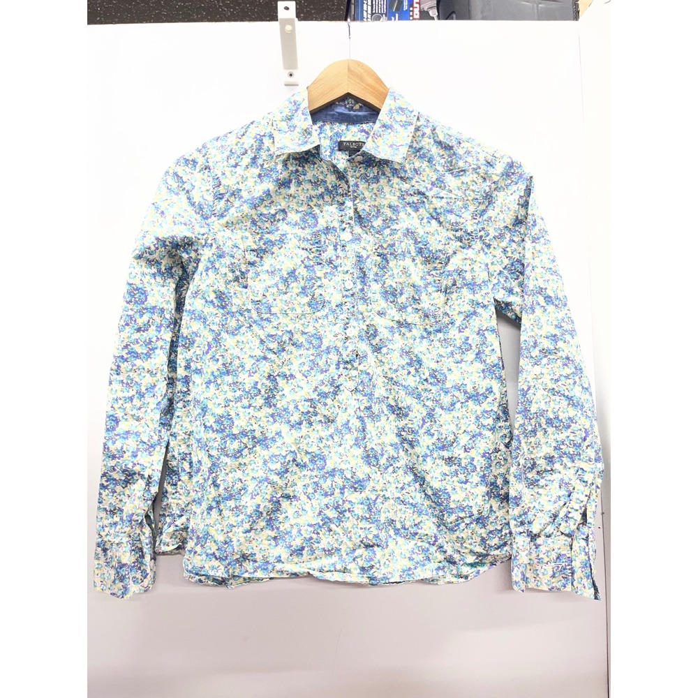 Talbots Petites Womens Blue Purple Floral Button Down Shirt Long Sleeve 4P